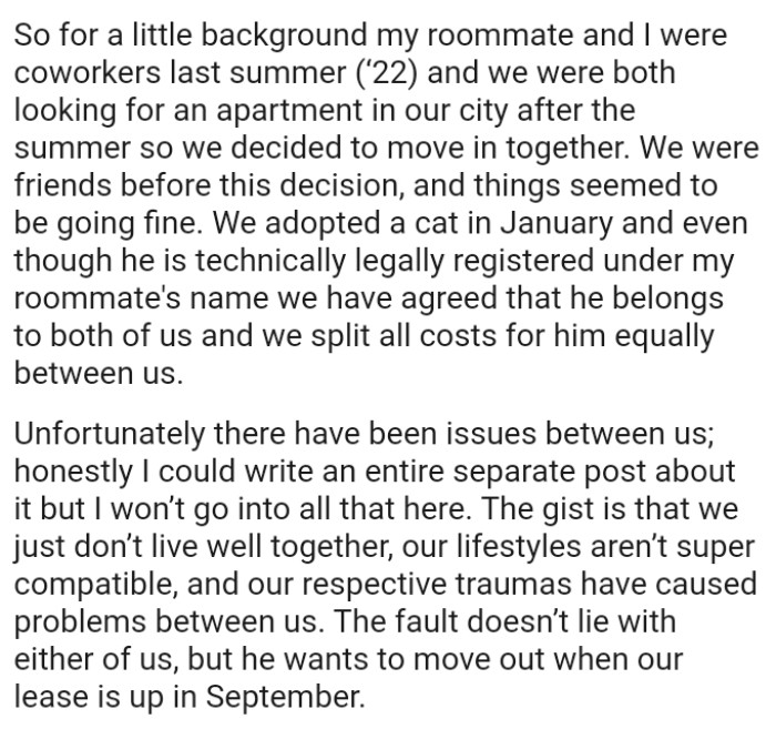 They adopted a cat, and he is technically legally registered under the OP's roommate's name