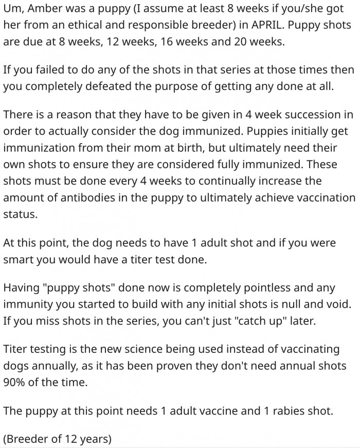 9. He should have gotten the dog puppy shots long ago. The dog needs something else now.