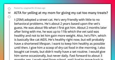 Man Yells At His Mom For Feeding His Cat Too Many Treats Despite Them Having An Agreement