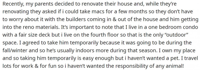 Her parents decided to renovate their house and asked OP to take Macs until the renovation is complete.
