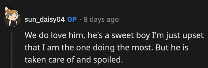 OP says they do love him, but it's upsetting that she's the one in charge of everything concerning the dog.