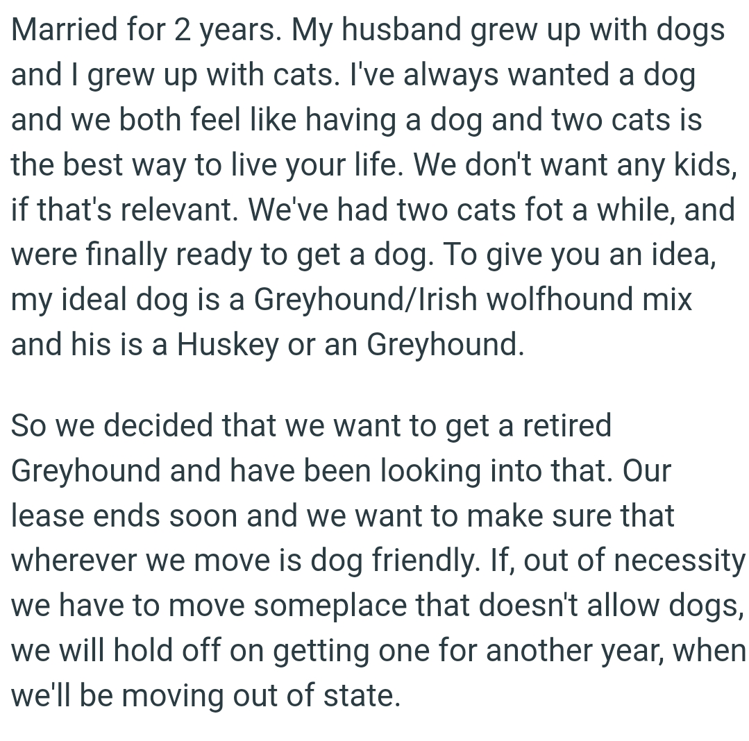 OP's ideal dog is a Greyhound/Irish Wolfhound mix, and her husband's is a Husky or a Greyhound