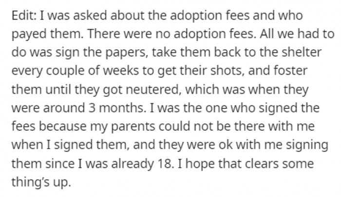 People wanted to know if there were any adoption fees, and if so, who paid them.