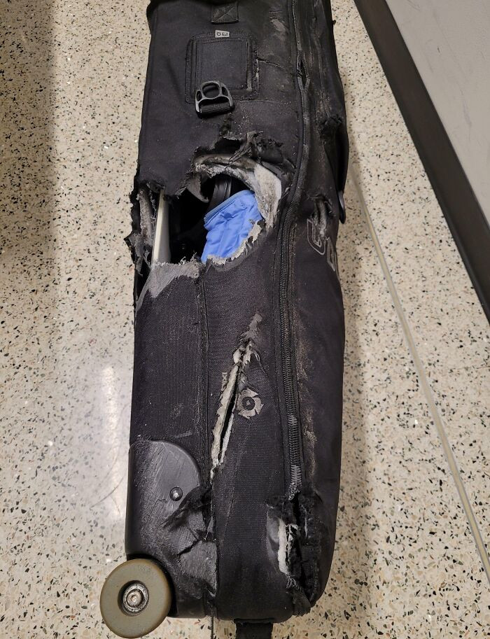 38. PSA: Alaska Isn't Responsible For Ski/Snowboard Equipment, Even When They Do This To Your Bag. Frustrating Thing Was The Flight Never Left The Airport