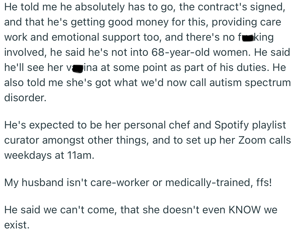 Even tho OP’s husband assured her that the job wasn’t anything $exual, she was stunned by the other details of his contract