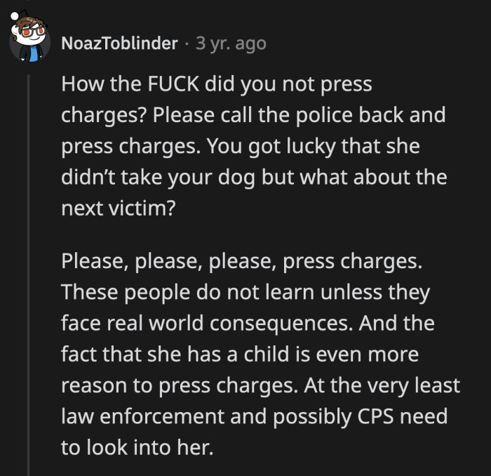 The thief needs to know that stealing another person's property has consequences