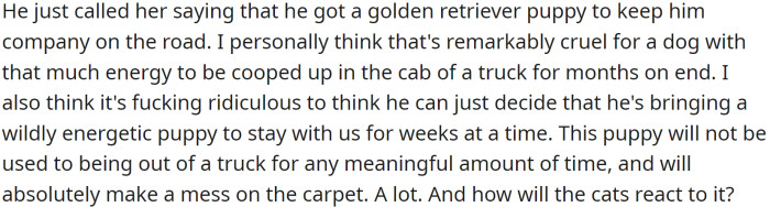 OP is concerned that the puppy would be cooped up in the cab of the truck for months on end and worries that the puppy would create a lot of mess when staying with them.