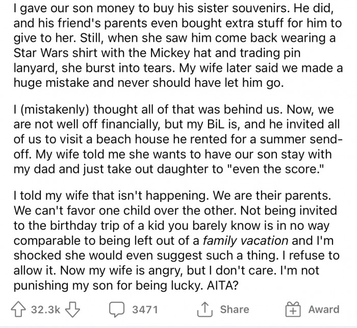 Here's the continuation of the story and his reaction to his wife's response.