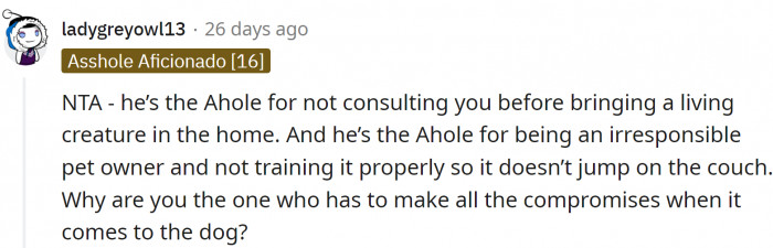 Compromises shouldn't be made by one person only.