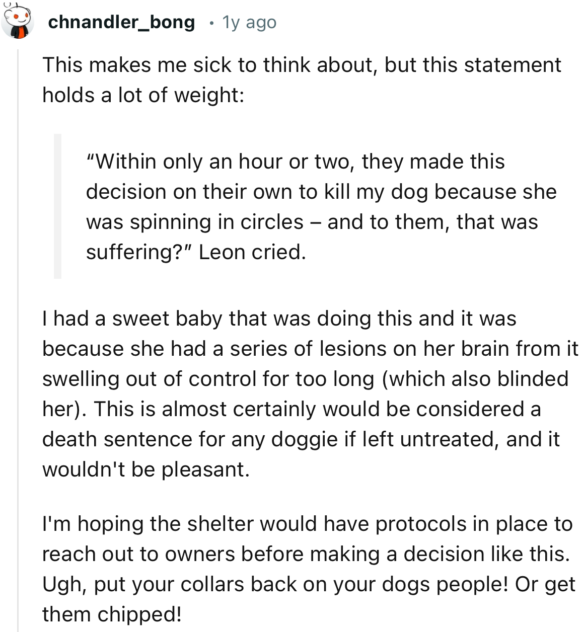 “I'm hoping the shelter would have protocols in place to reach out to owners before making a decision like this.”