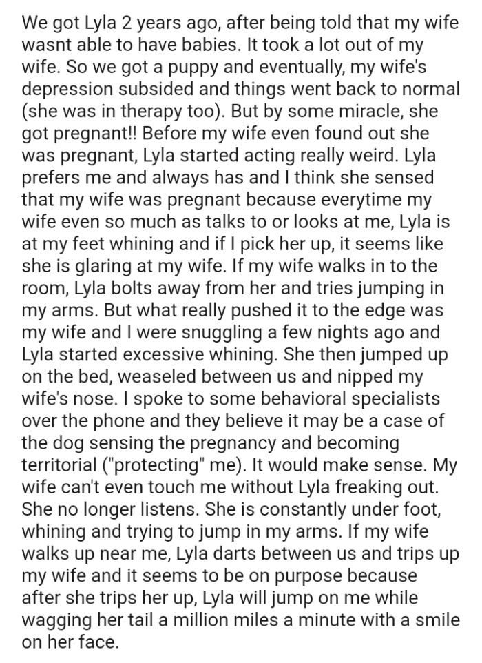 The OP's wife can't even touch him without Lyla freaking out.