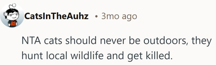 Firm stance that sees outdoor cats as vulnerable on all fronts, from wildlife to cars to everything in between.