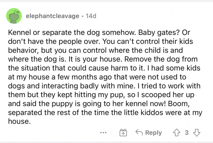 Again, separation will help them all. Keeping them away from each other can avoid all problems that could lead to a bite.