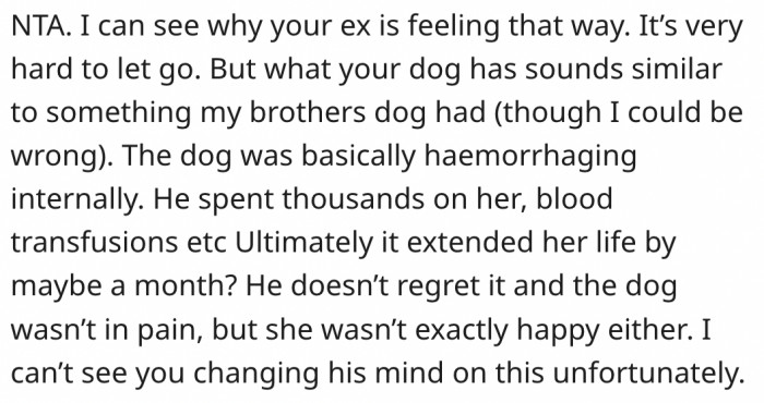 Her ex's decision to continue treatment is understandable.