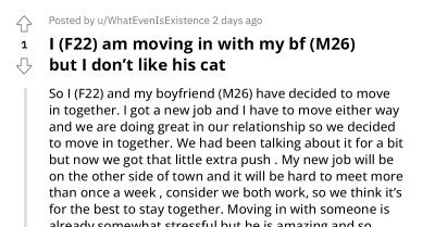 Redditors Offer Their One Cent To A Lady Who Is Moving In With Boyfriend But Doesn't Like His Cat