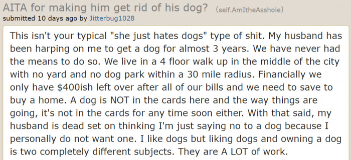 Woman turns to Reddit after she asks her husband to get rid of his dog