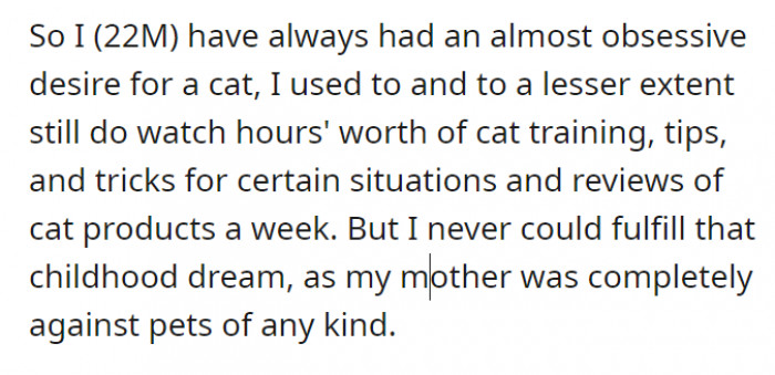 OP is an aspiring cat parent, a dream that stemmed from not being allowed to have a pet in childhood.