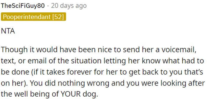 OP acted appropriately by taking care of his own dog's well-being.
