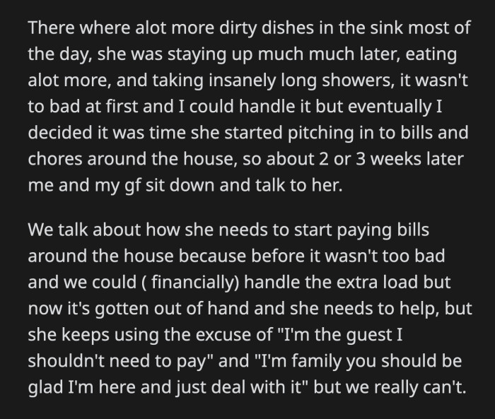 OP constantly reminds her of the options they gave her, but she acts like she can't hear him.