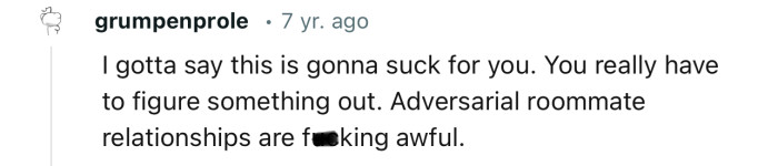 Roommate relationships like this never end well. OP has to figure something out quickly