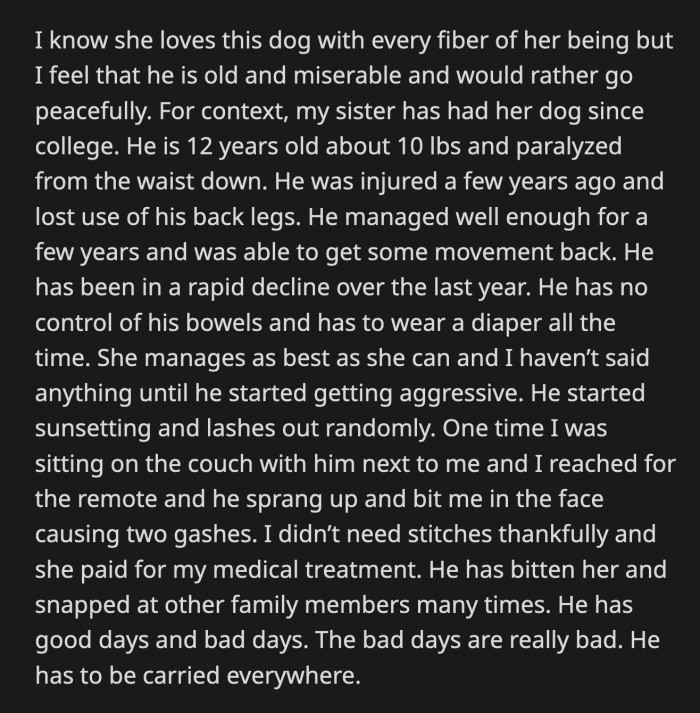 OP knows that this dog is her sister's whole life, but she feels that her sister is just delaying the inevitable, which prolongs the dog's suffering.