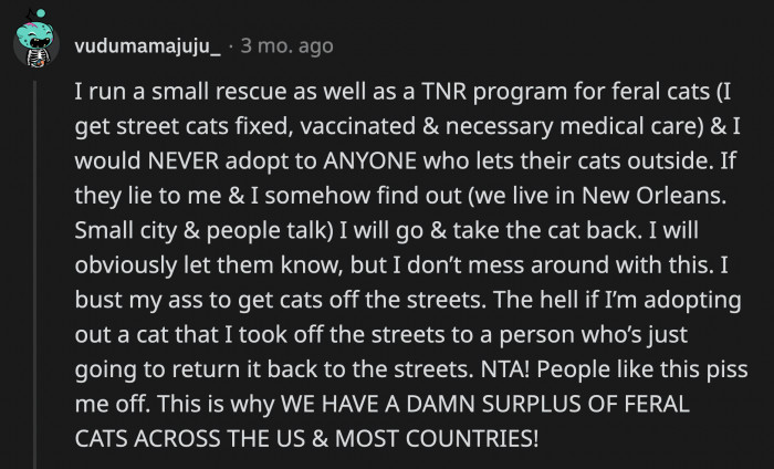 The worst part is she made fun of OP when she nursed the cat's wounds, cleaned its litter, and fed it, as if that was an odd thing to do.