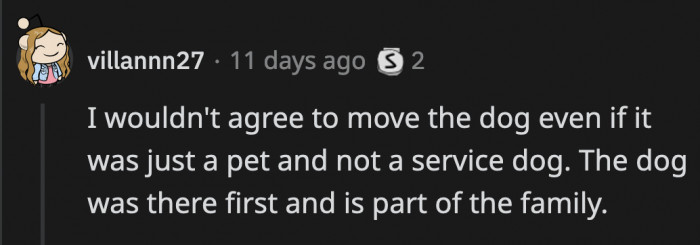 Even if the dog wasn't a service animal, I would still be very reluctant to kick him out of his home because a house guest can't cope.