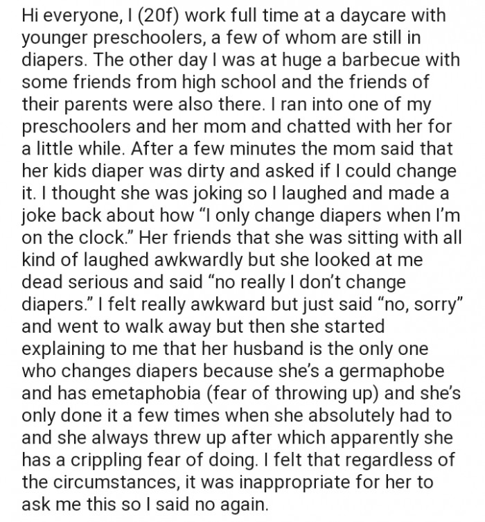 OP was stunned when one of her student's mom asked her to change diapers at a party