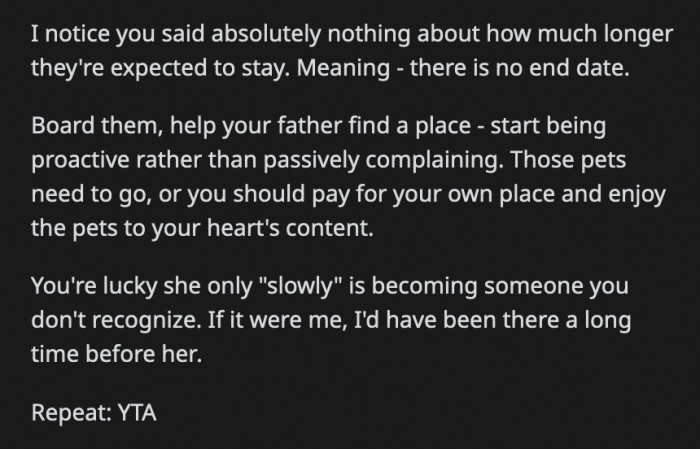 OP's disregard for her feelings just tells her that he is prioritizing the animals over her