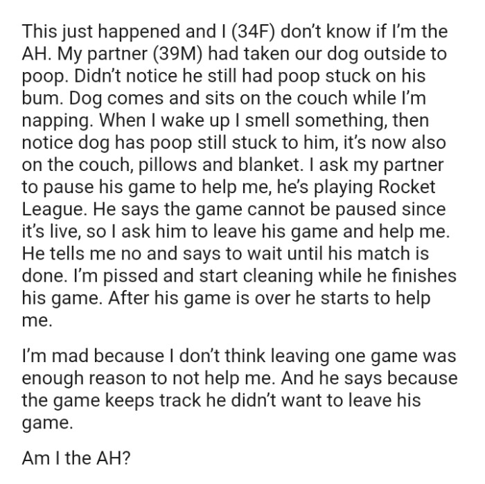 When the OP woke up, she could perceive something, then she noticed the dog still had poop stuck to him.