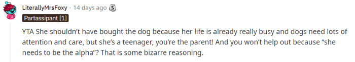 The father argues that he is trying to teach his daughter how to be a responsible adult.