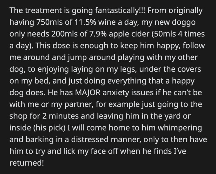 As per doctors' orders, they slowly weaned him off from the wine and switched to cider. They also saw how bad his separation anxiety was.