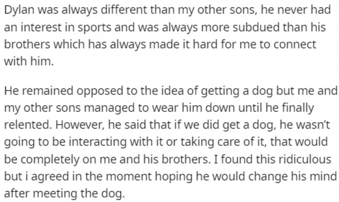 The father claimed that his son Dylan was always a bit different, and Dylan told him that they could get the dog, but he wouldn't do anything to help.