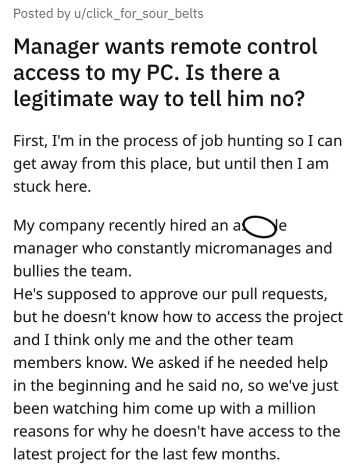 1. OP is currently job hunting to leave his current workplace, which has recently hired a micromanaging and bullying manager