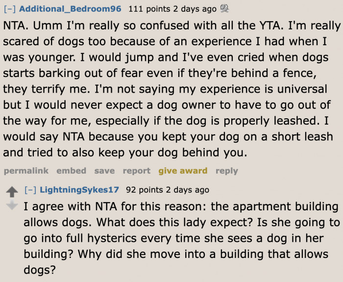 A few Redditors were on the OP's side because it's an apartment building that allows dogs.