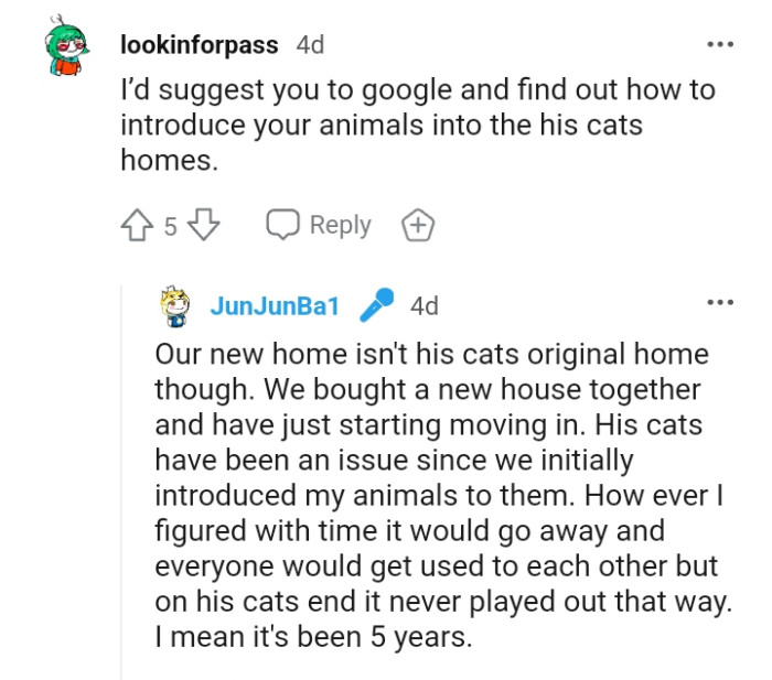 The OP says the boyfriend's cats have always been an issue