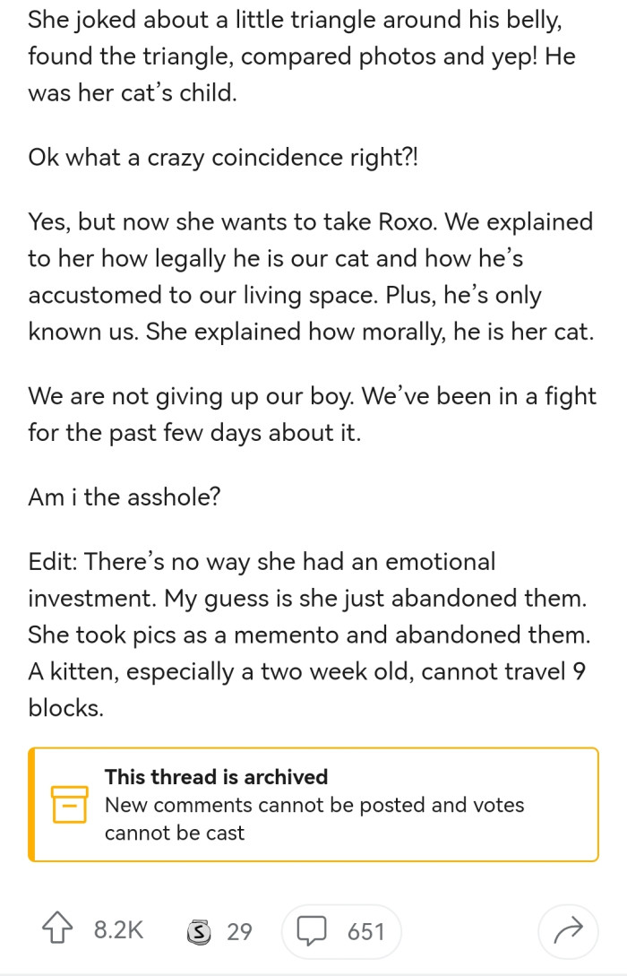 However, a new neighbor moved in and claimed she was the owner and wanted to get the cat back.