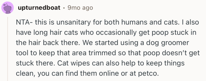 “NTA- this is unsanitary for both humans and cats.”
