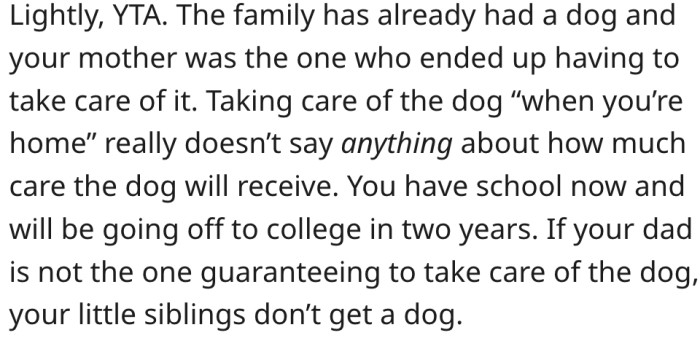 16. They can get a dog if her dad guarantees he will care for it.