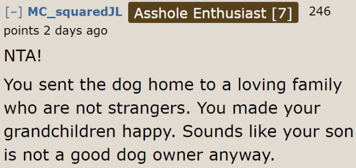 She did the majority a favor by returning the dog to the home where it will be loved.