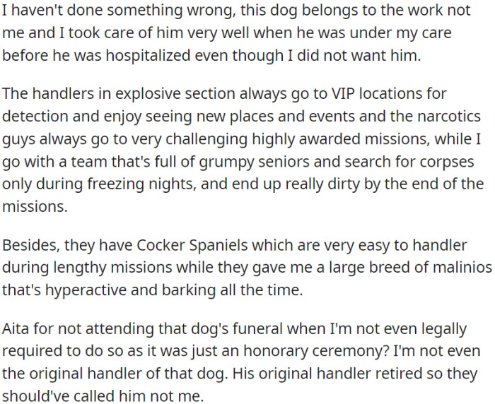 OP feels unfairly treated and experiences unnecessary guilt over a dog's funeral.