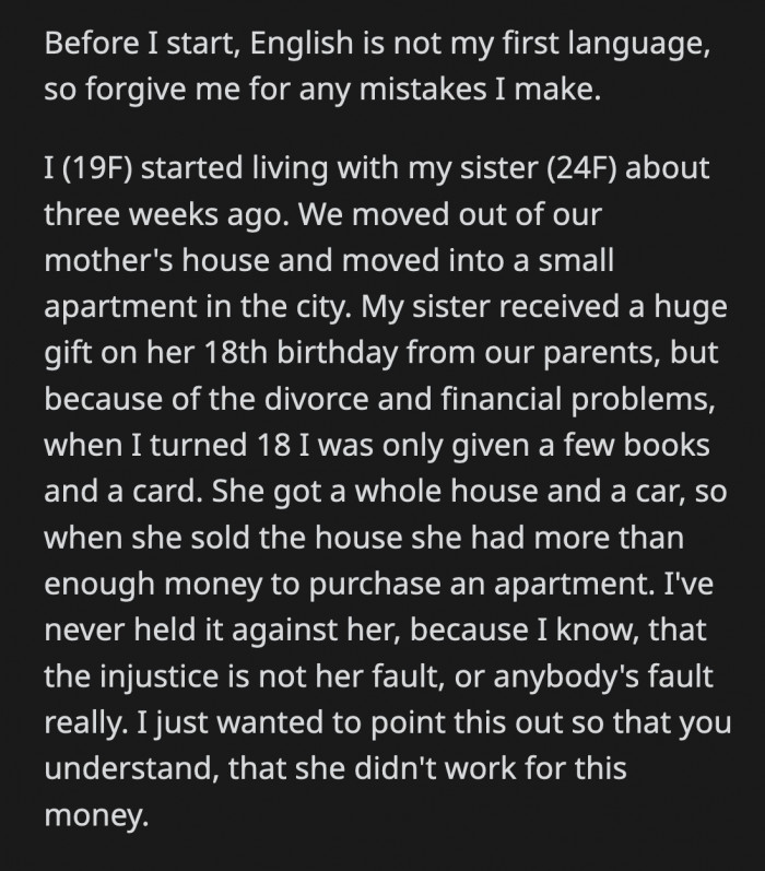 Her sister treated OP like a servant and expected her to do everything despite being a university student