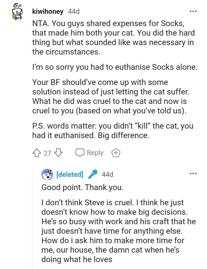 This Redditor is so sorry the OP had to euthanize the cat alone