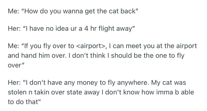 OP asked her to fly over to their city to get her cat back, but she insisted that she doesn’t have any money for that