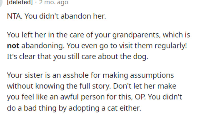 This is absolutely true because she did not abandon her at all, but rather left her with another family member.