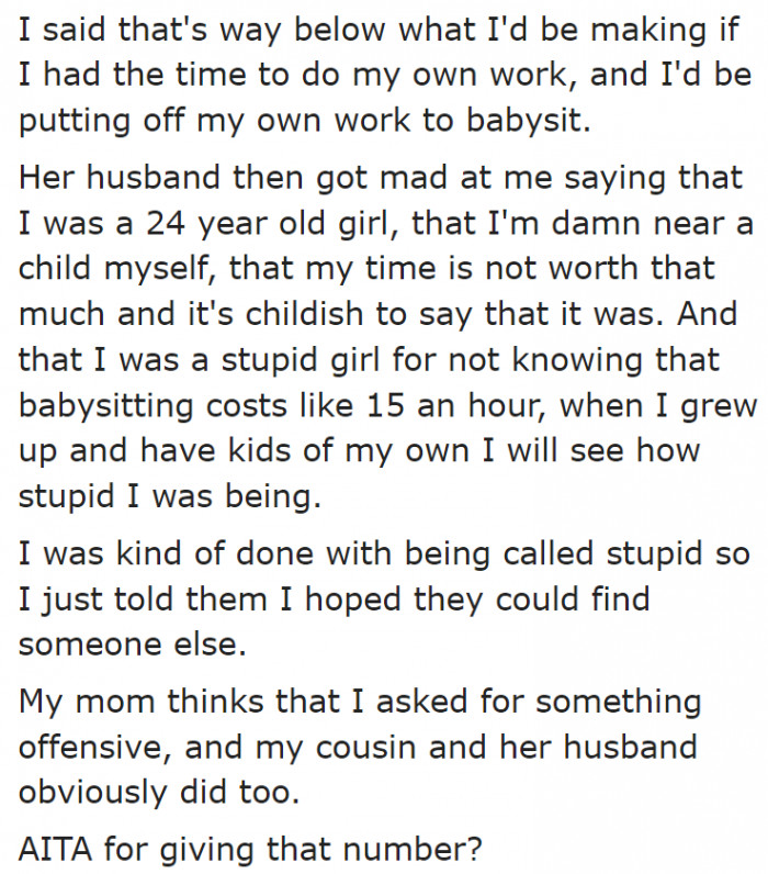 She tried to explain her side, but she was thrown insults by her cousin's husband.