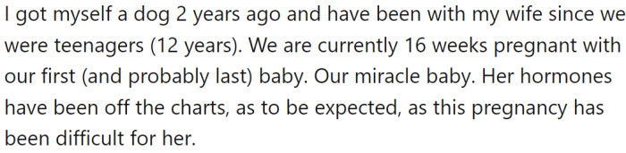 Two years ago, OP adopted a dog and has been with their wife for 12 years since they were teenagers. They are now expecting their first child