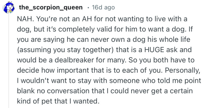 “NAH. You’re not an AH for not wanting to live with a dog, but it’s completely valid for him to want a dog.”
