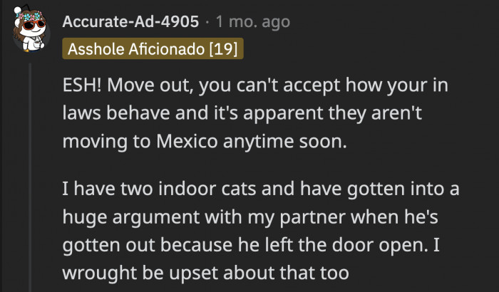 It seems like the in-laws’ plans are put on hold or they’re not actually going through with it. OP should consider that if she wants to stay