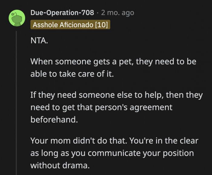 OP has to stop engaging with their mom's attempts to guilt them into taking care of the cats